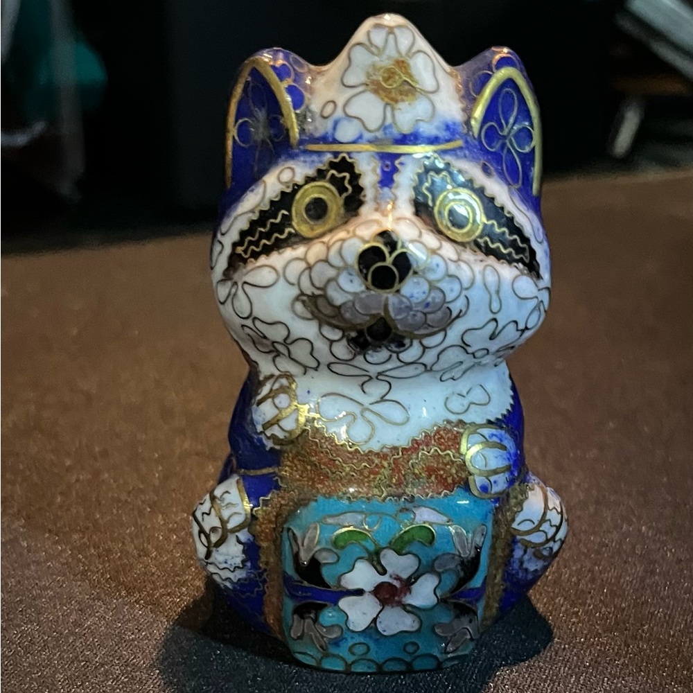 Blue and Gold Cloisonné Raccoon Figurine